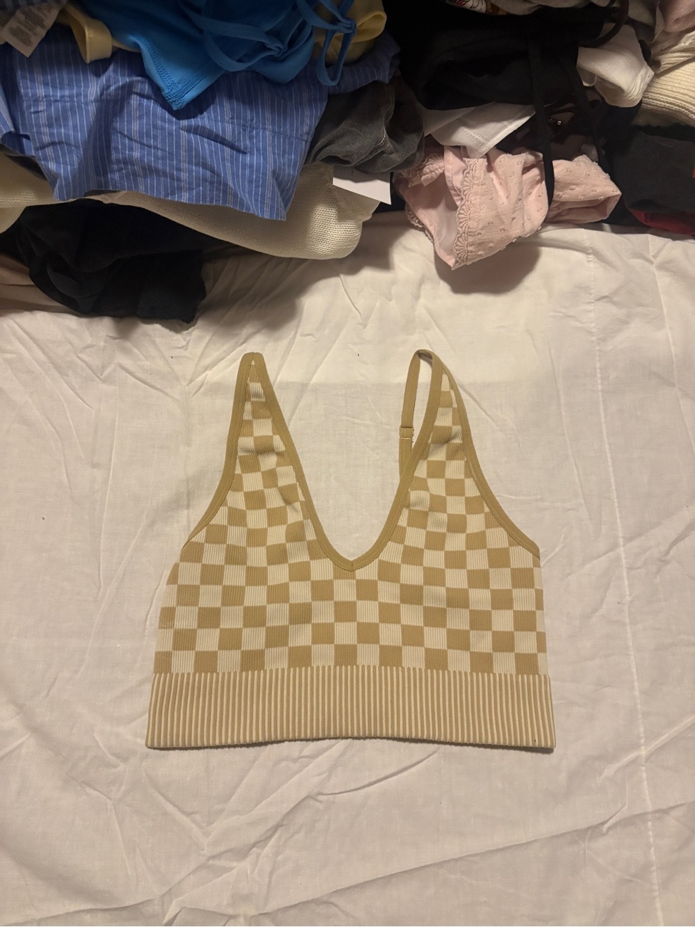 Garage Checker Knit Bandeau Crop Top in Beige and Cream